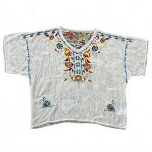 Karyn Seo Embroidered V Neck Short Sleeve Printed Back Blouse Size XL